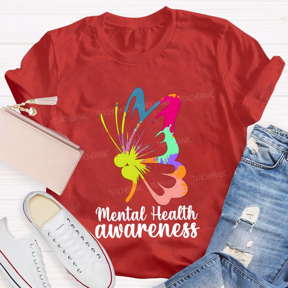 Mental Health Awareness Colorful Butterfly Teacher T-shirt
