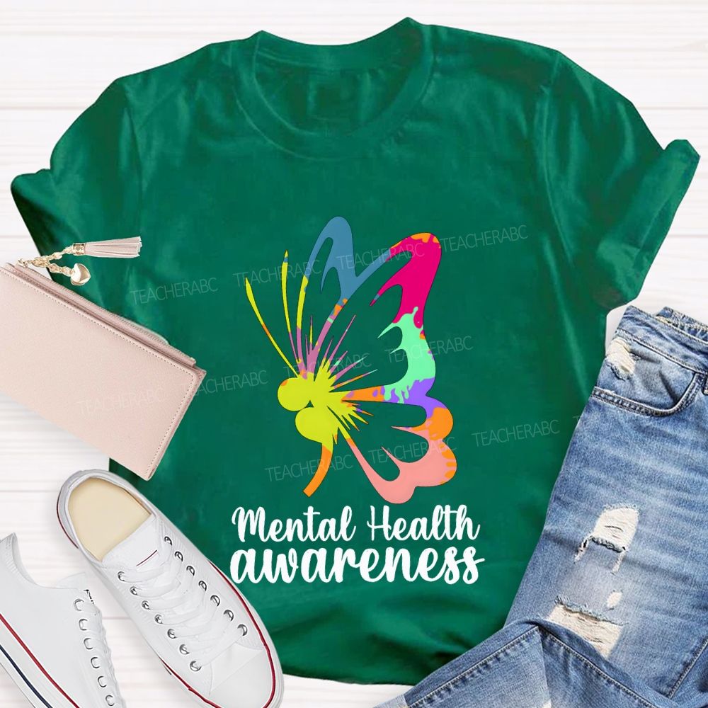 Mental Health Awareness Colorful Butterfly Teacher T-shirt