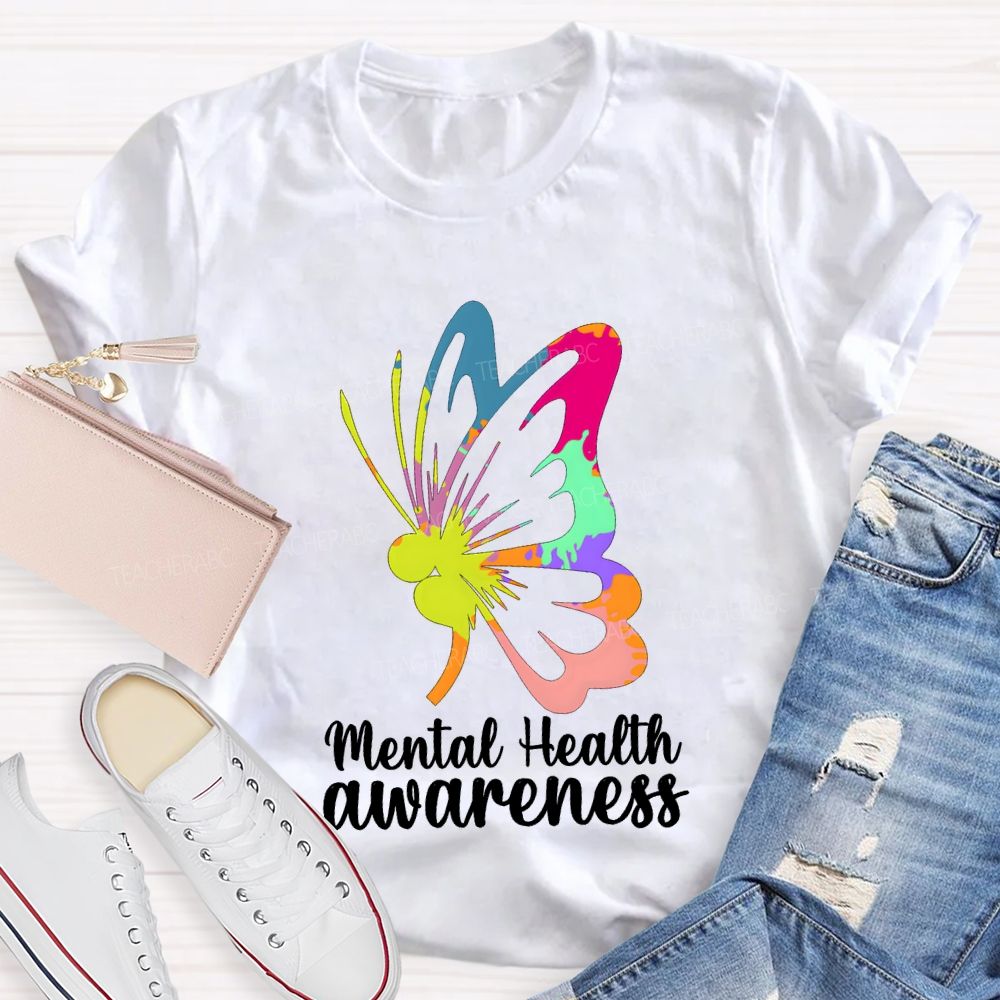 Mental Health Awareness Colorful Butterfly Teacher T-shirt