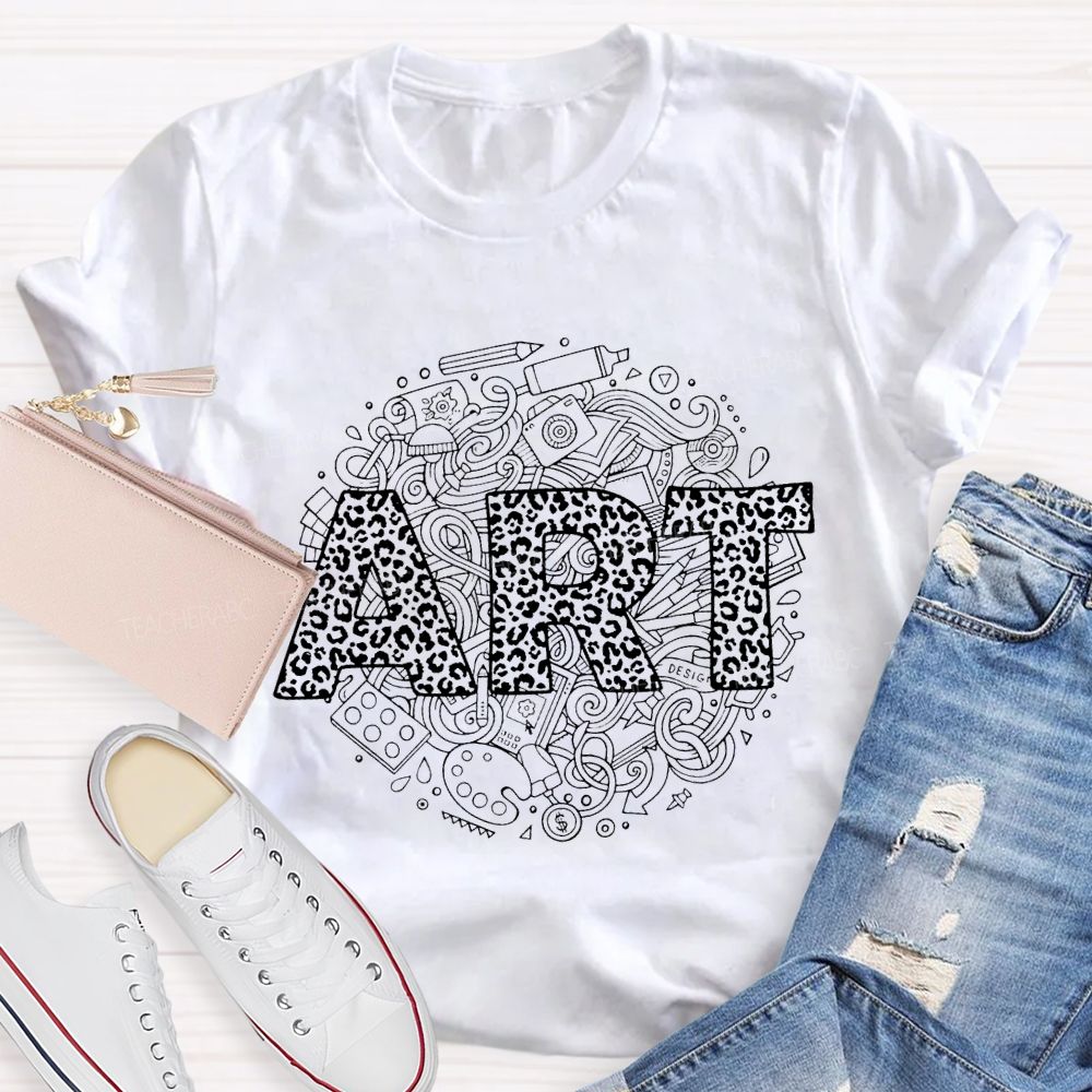 Art Leopard Print Font And Drawing Tools Teacher T-shirt