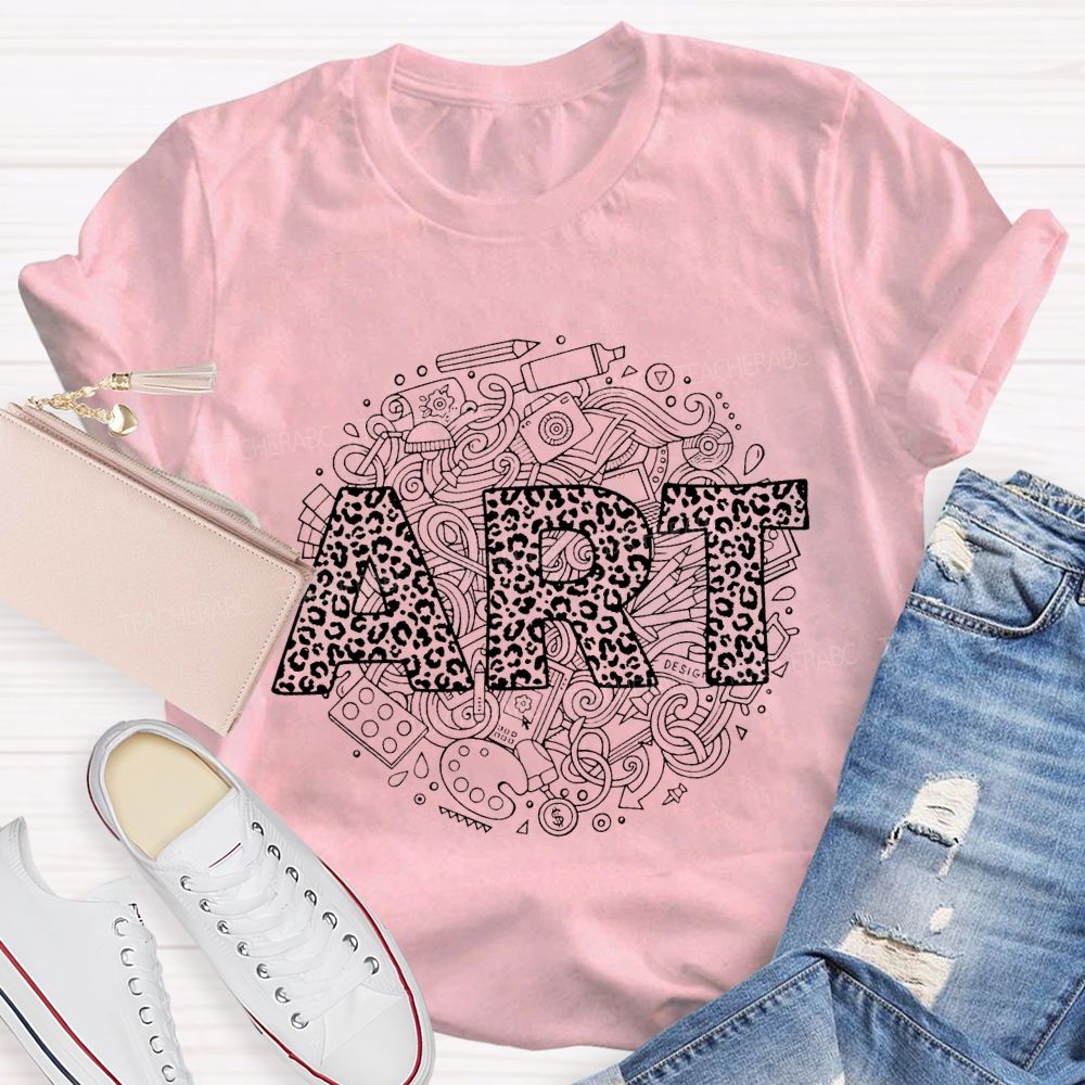 Art Leopard Print Font And Drawing Tools Teacher T-shirt
