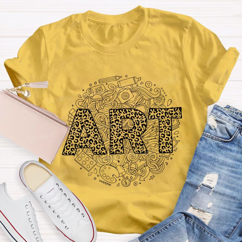 Art Leopard Print Font And Drawing Tools Teacher T-shirt