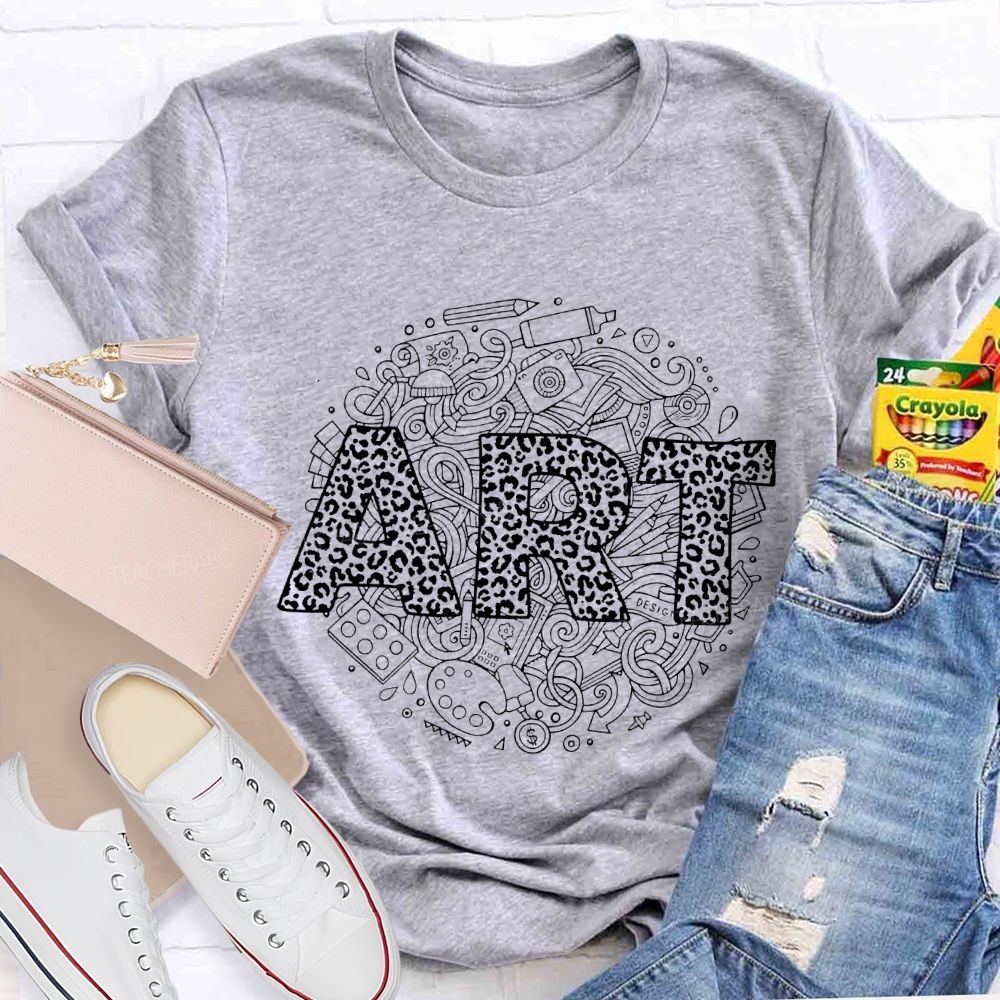 Art Leopard Print Font And Drawing Tools Teacher T-shirt