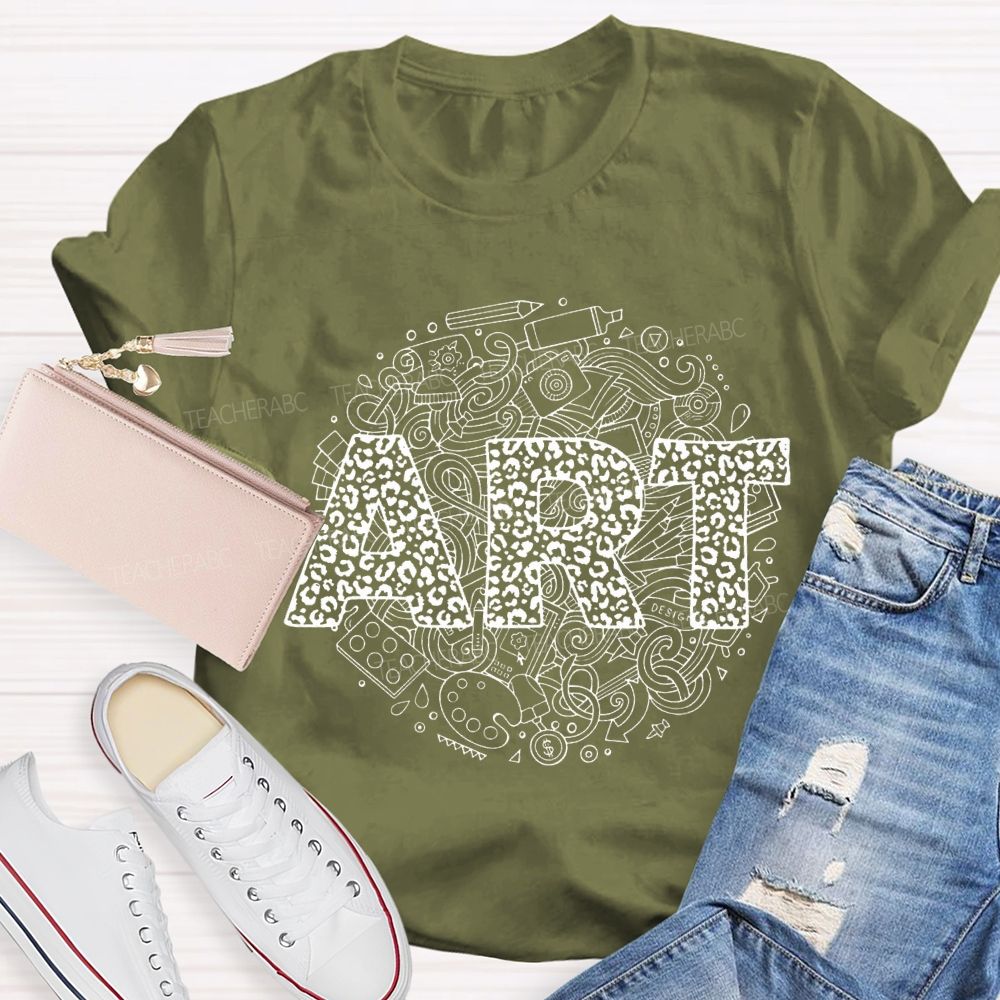 Art Leopard Print Font And Drawing Tools Teacher T-shirt