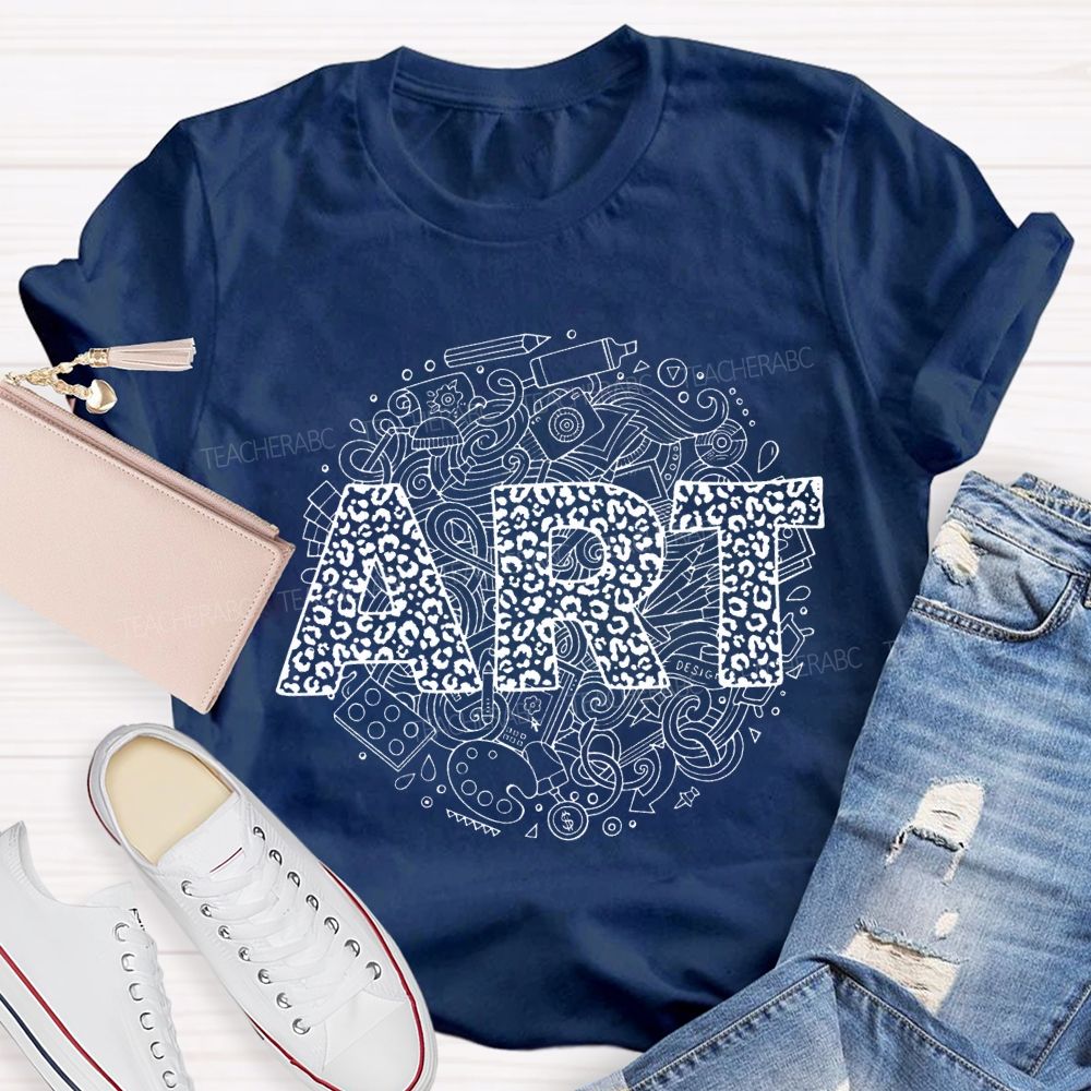 Art Leopard Print Font And Drawing Tools Teacher T-shirt