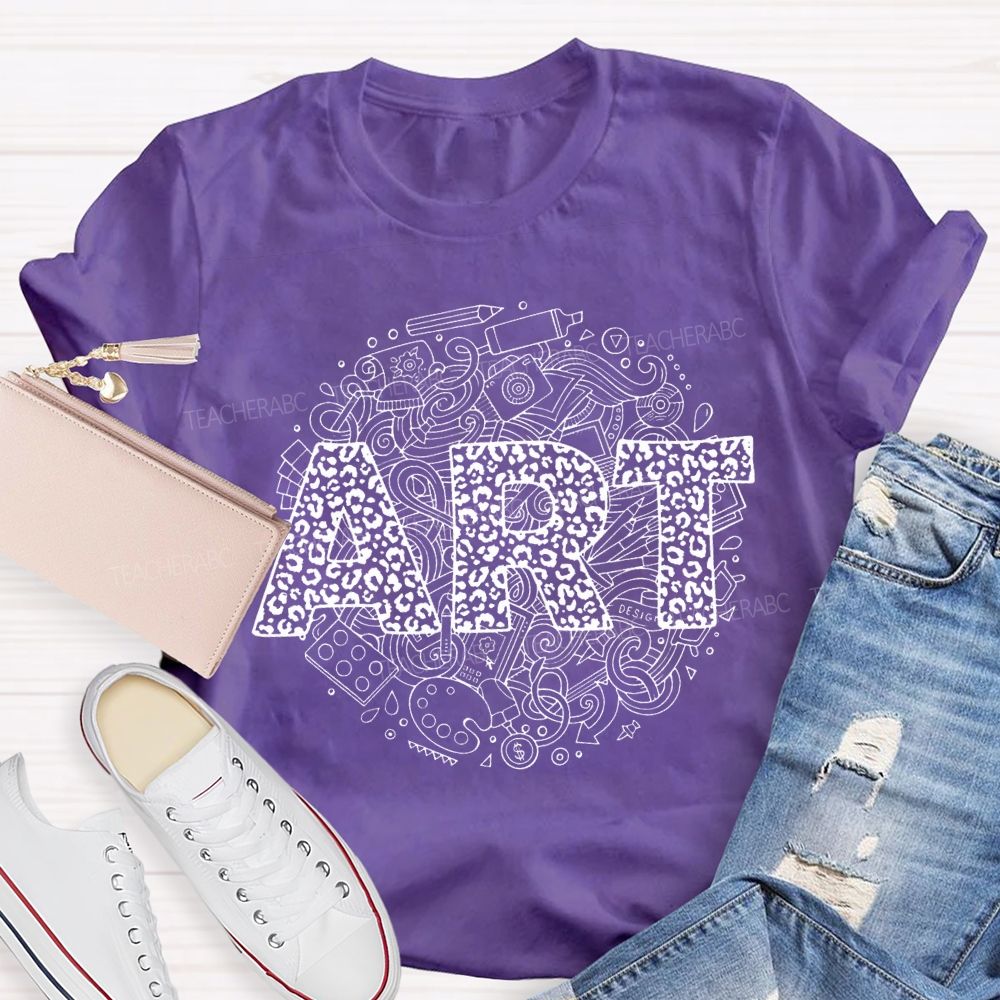 Art Leopard Print Font And Drawing Tools Teacher T-shirt
