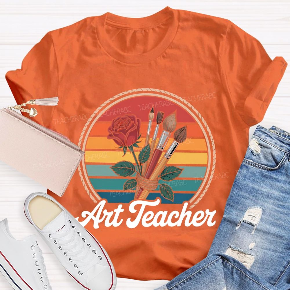 Art Teacher Paintbrush And Flowers Teacher T-shirt
