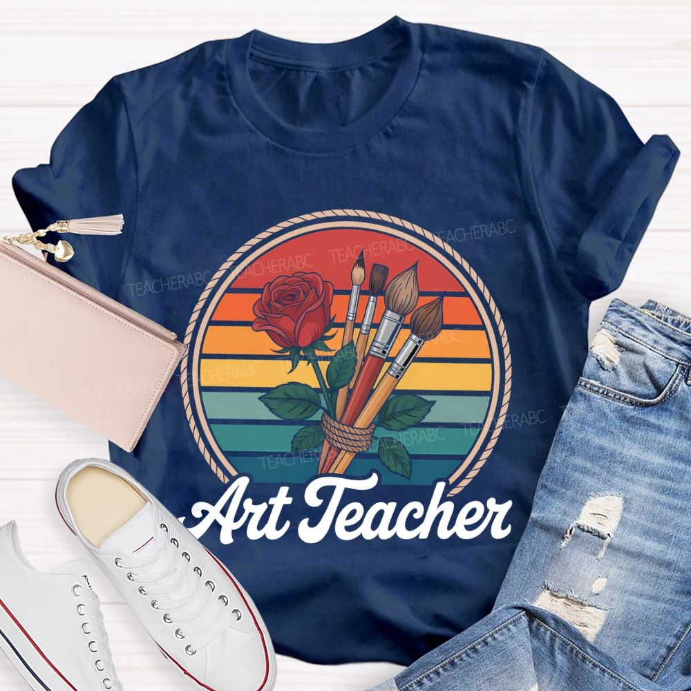 Art Teacher Paintbrush And Flowers Teacher T-shirt