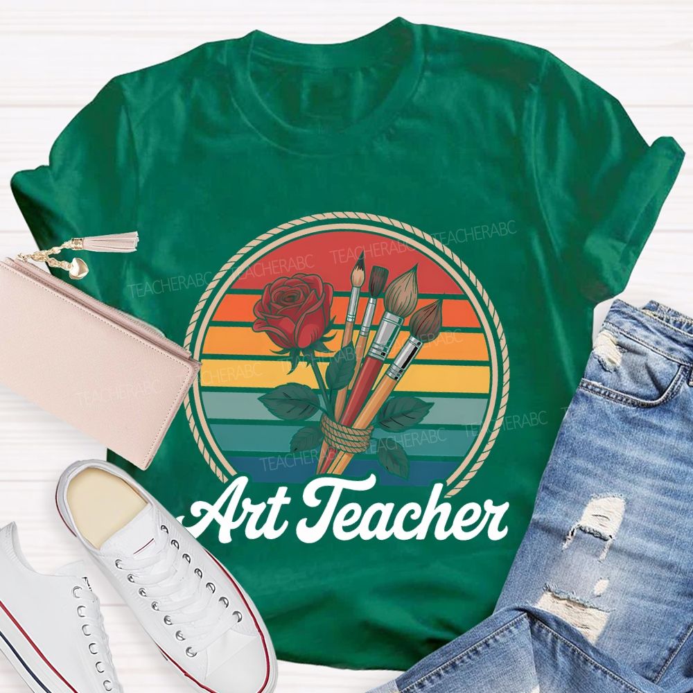 Art Teacher Paintbrush And Flowers Teacher T-shirt