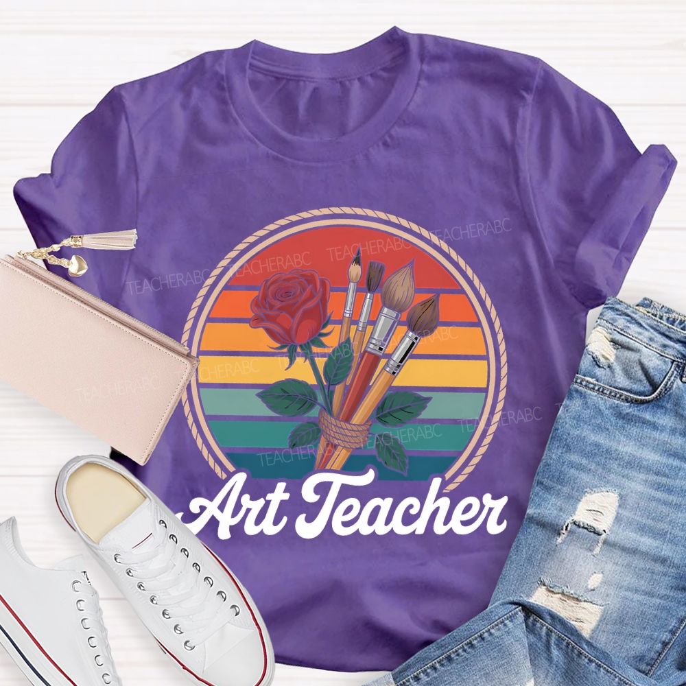 Art Teacher Paintbrush And Flowers Teacher T-shirt