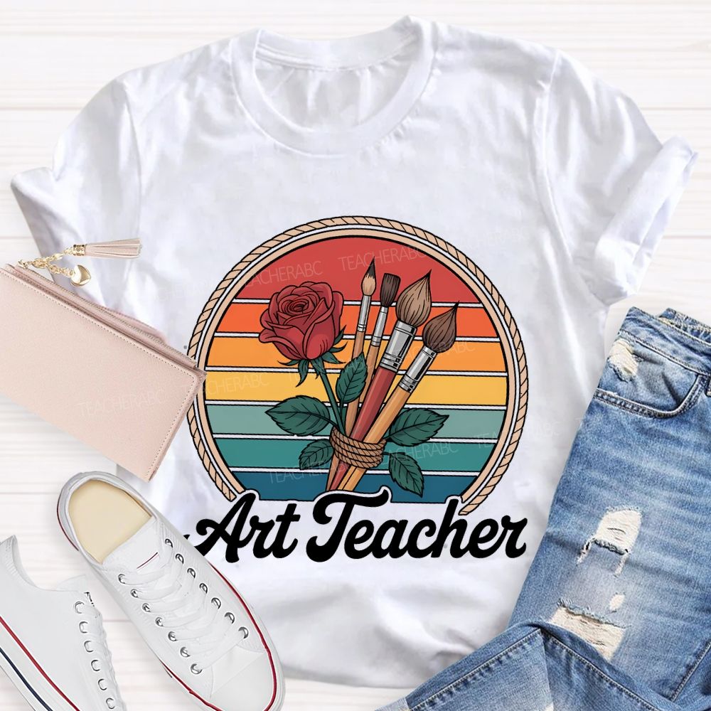 Art Teacher Paintbrush And Flowers Teacher T-shirt