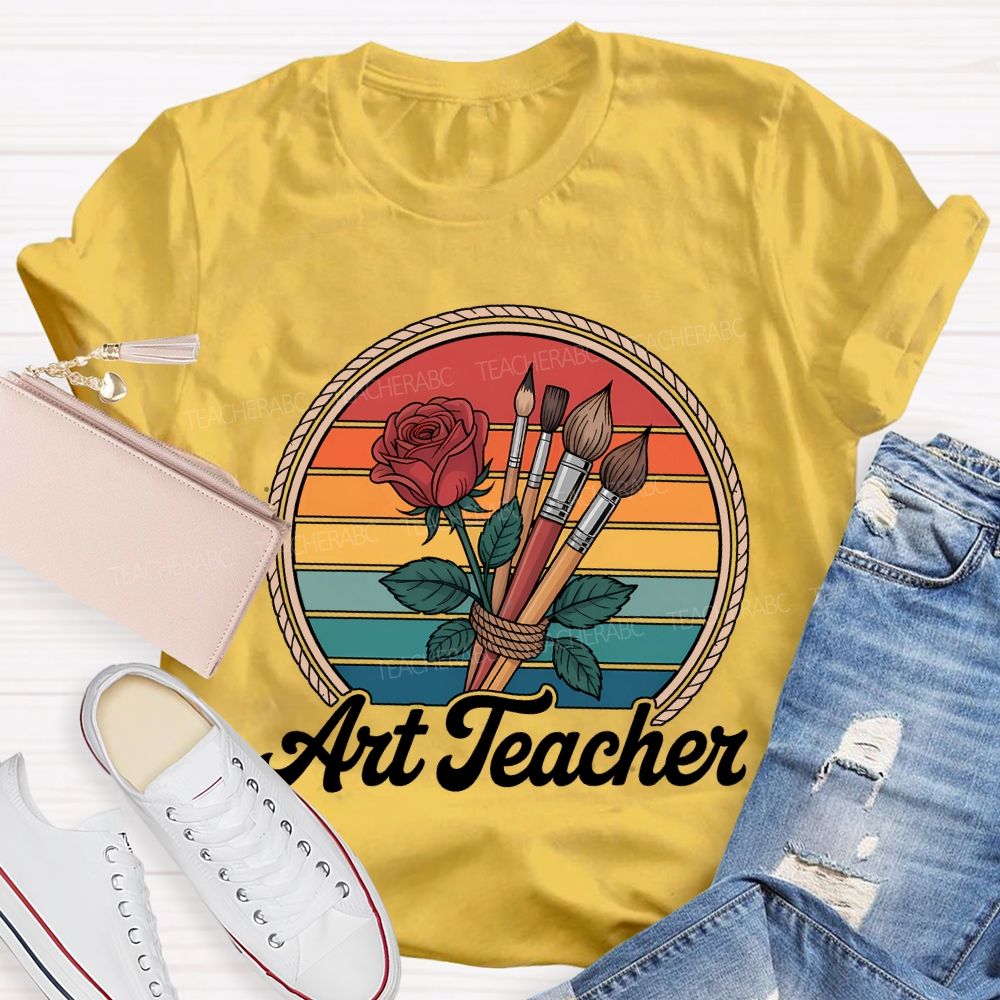 Art Teacher Paintbrush And Flowers Teacher T-shirt