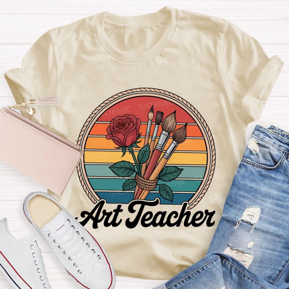 Art Teacher Paintbrush And Flowers Teacher T-shirt