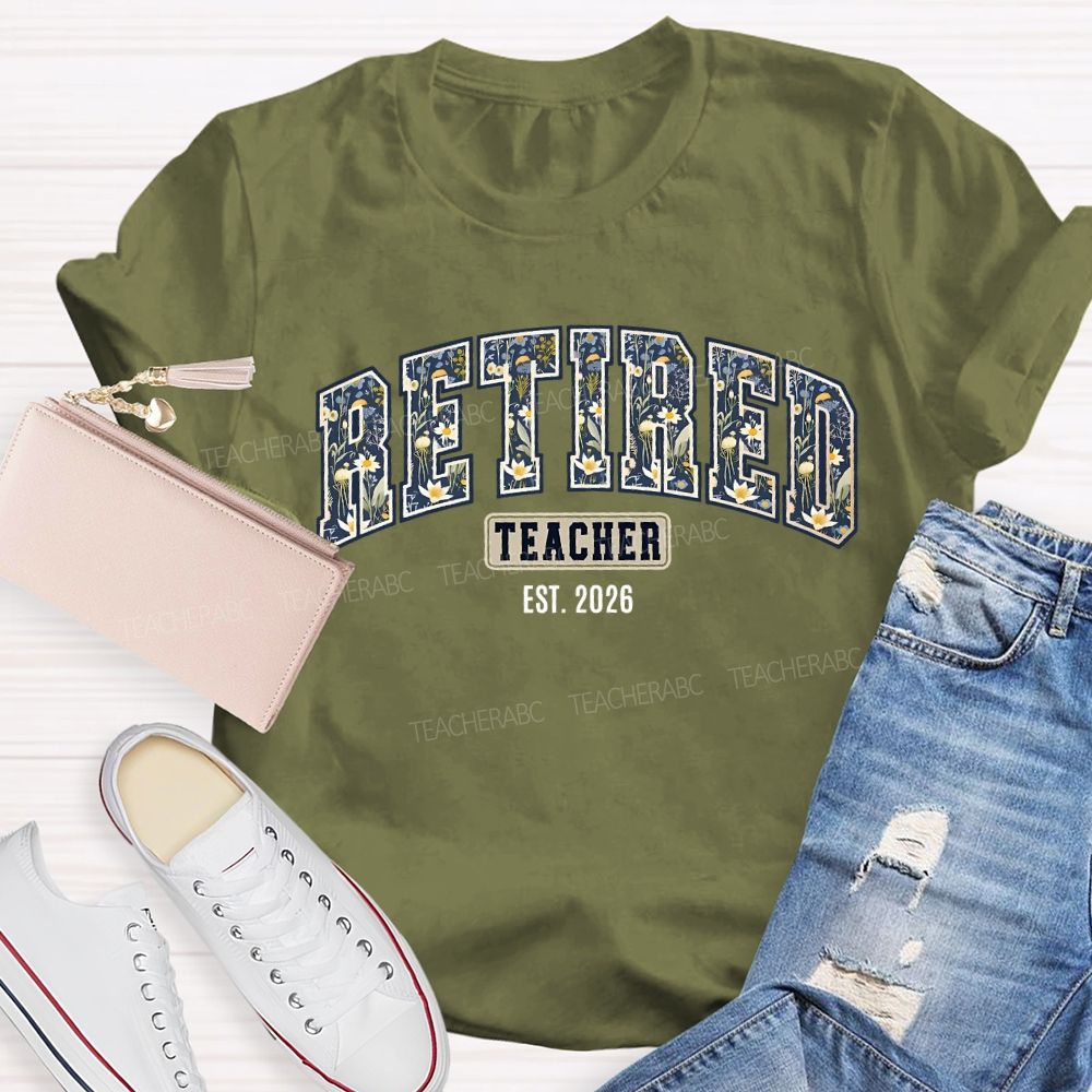 Retired Teacher 2026 Colorful Stamen Fonts T-shirt