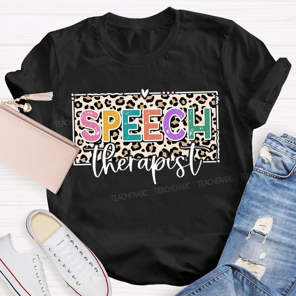 Speech Therapy Leopard Print And Heart Teacher T-shirt