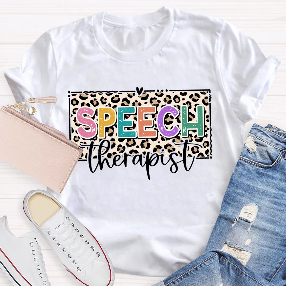 Speech Therapy Leopard Print And Heart Teacher T-shirt