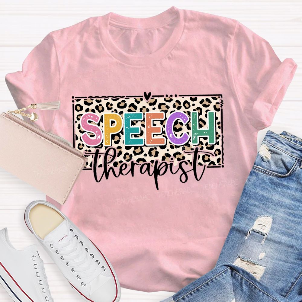 Speech Therapy Leopard Print And Heart Teacher T-shirt