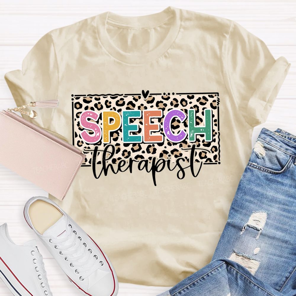 Speech Therapy Leopard Print And Heart Teacher T-shirt