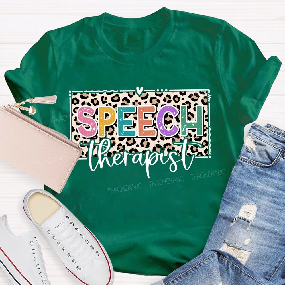 Speech Therapy Leopard Print And Heart Teacher T-shirt