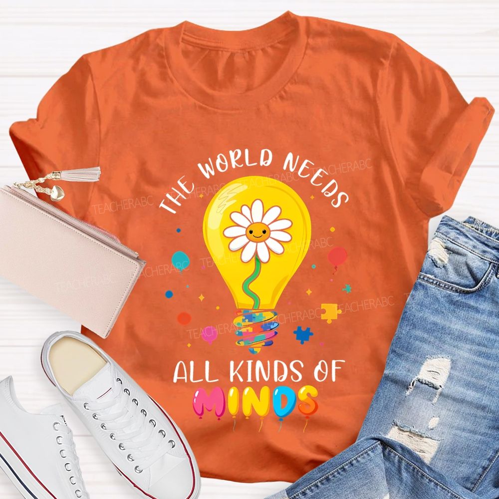 The World Needs All Kinds Of Minds Lightbulb And Sunflower T-shirt