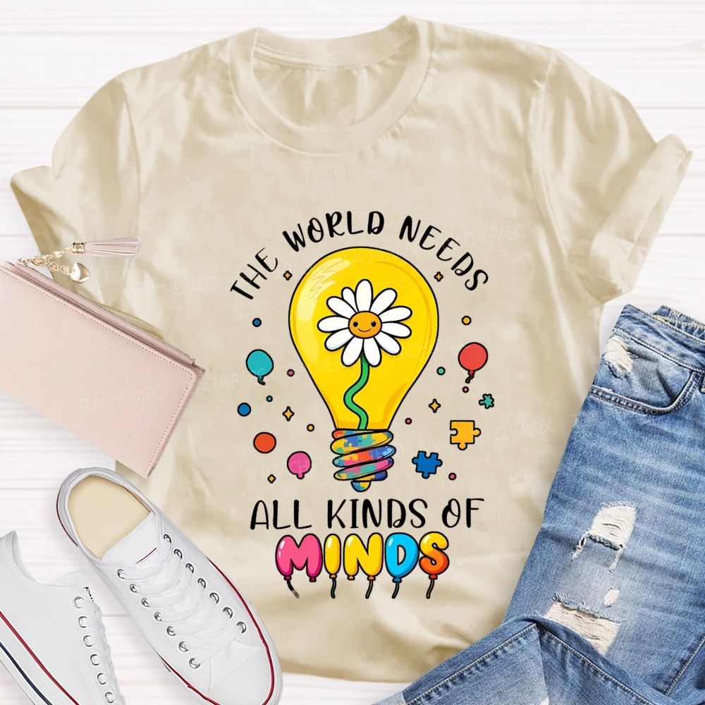 The World Needs All Kinds Of Minds Lightbulb And Sunflower T-shirt