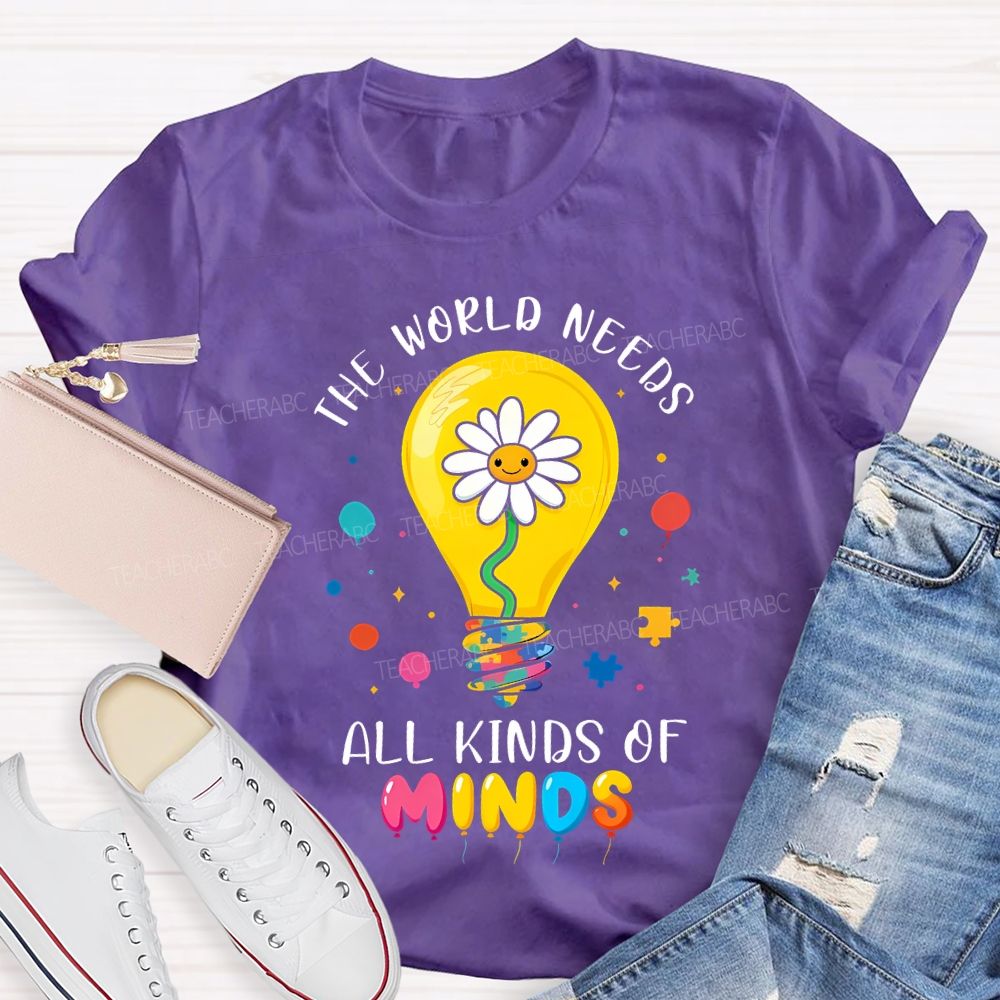 The World Needs All Kinds Of Minds Lightbulb And Sunflower T-shirt