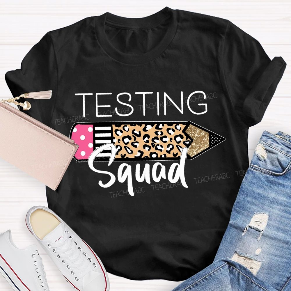 Testing Squad Leopard-Print Pencil Teacher T-shirt