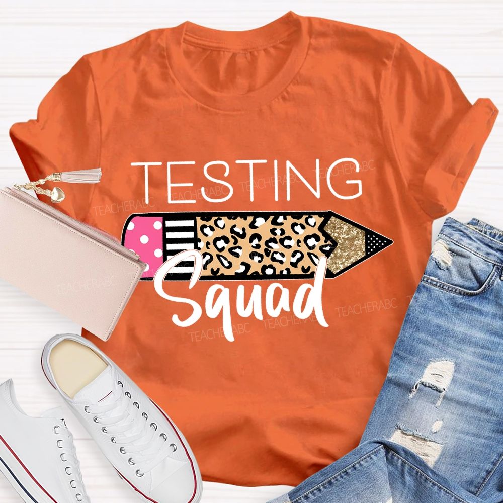 Testing Squad Leopard-Print Pencil Teacher T-shirt