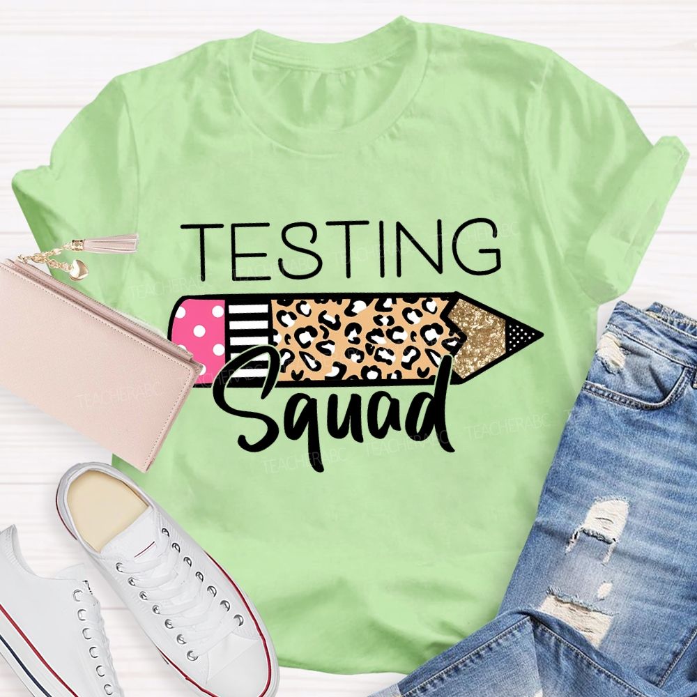 Testing Squad Leopard-Print Pencil Teacher T-shirt
