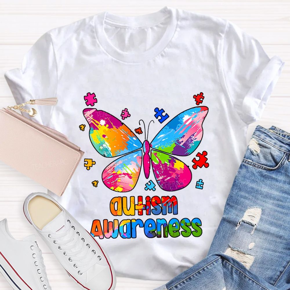 Autism Awareness Colorful Tie-Dye Butterfly Print Teacher T-shirt