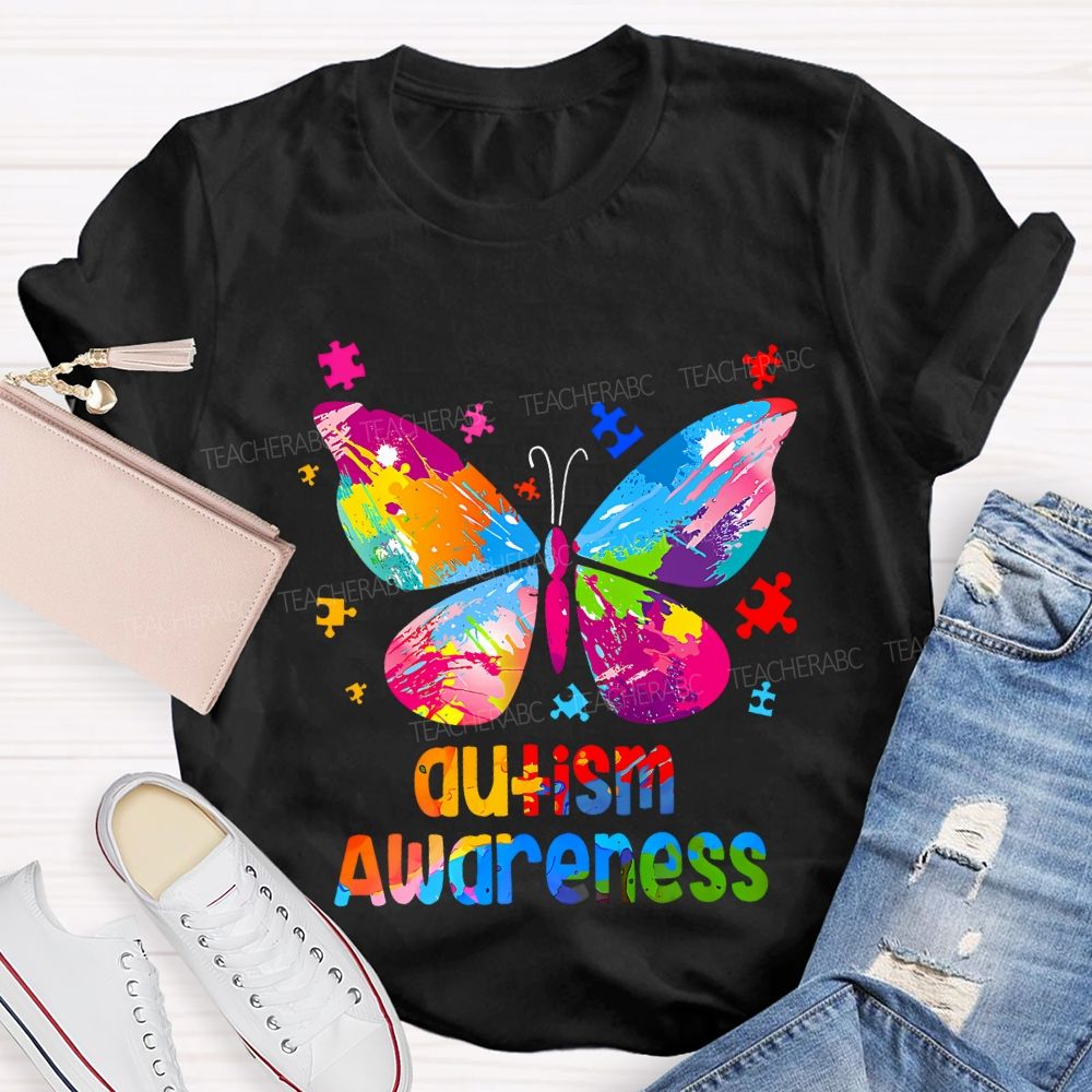 Autism Awareness Colorful Tie-Dye Butterfly Print Teacher T-shirt