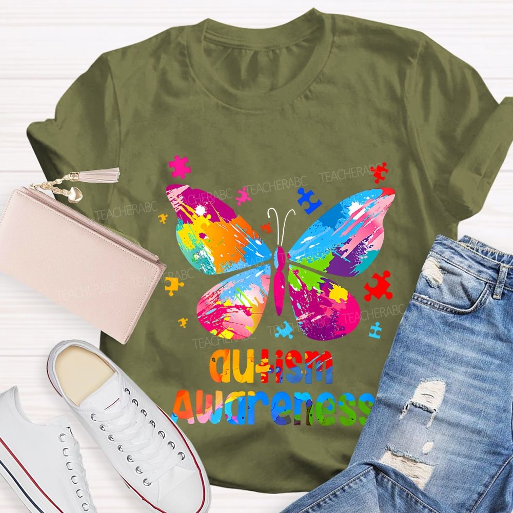 Autism Awareness Colorful Tie-Dye Butterfly Print Teacher T-shirt