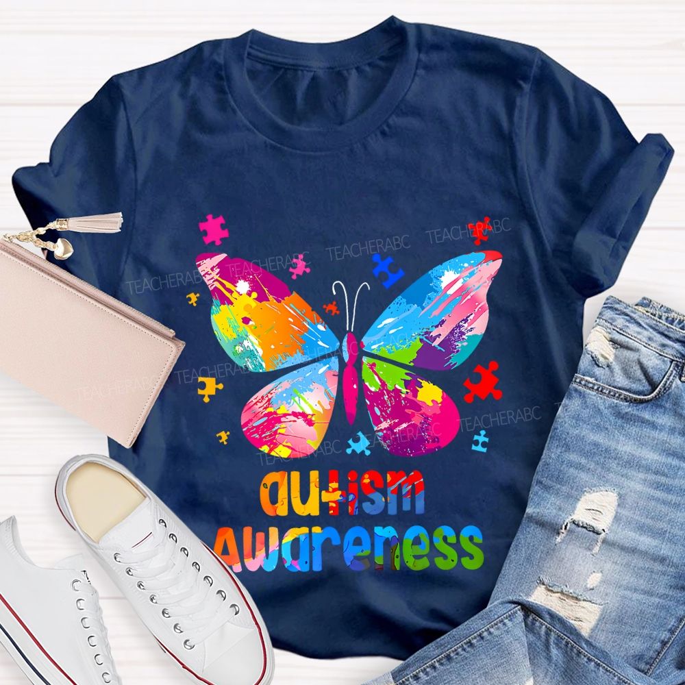 Autism Awareness Colorful Tie-Dye Butterfly Print Teacher T-shirt