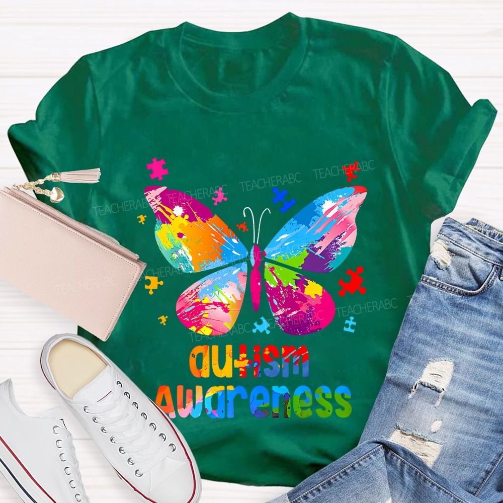 Autism Awareness Colorful Tie-Dye Butterfly Print Teacher T-shirt