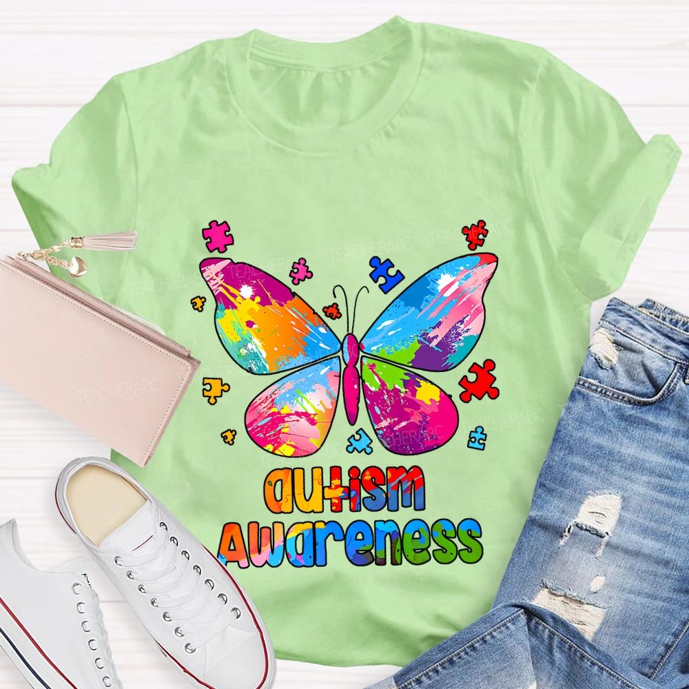 Autism Awareness Colorful Tie-Dye Butterfly Print Teacher T-shirt