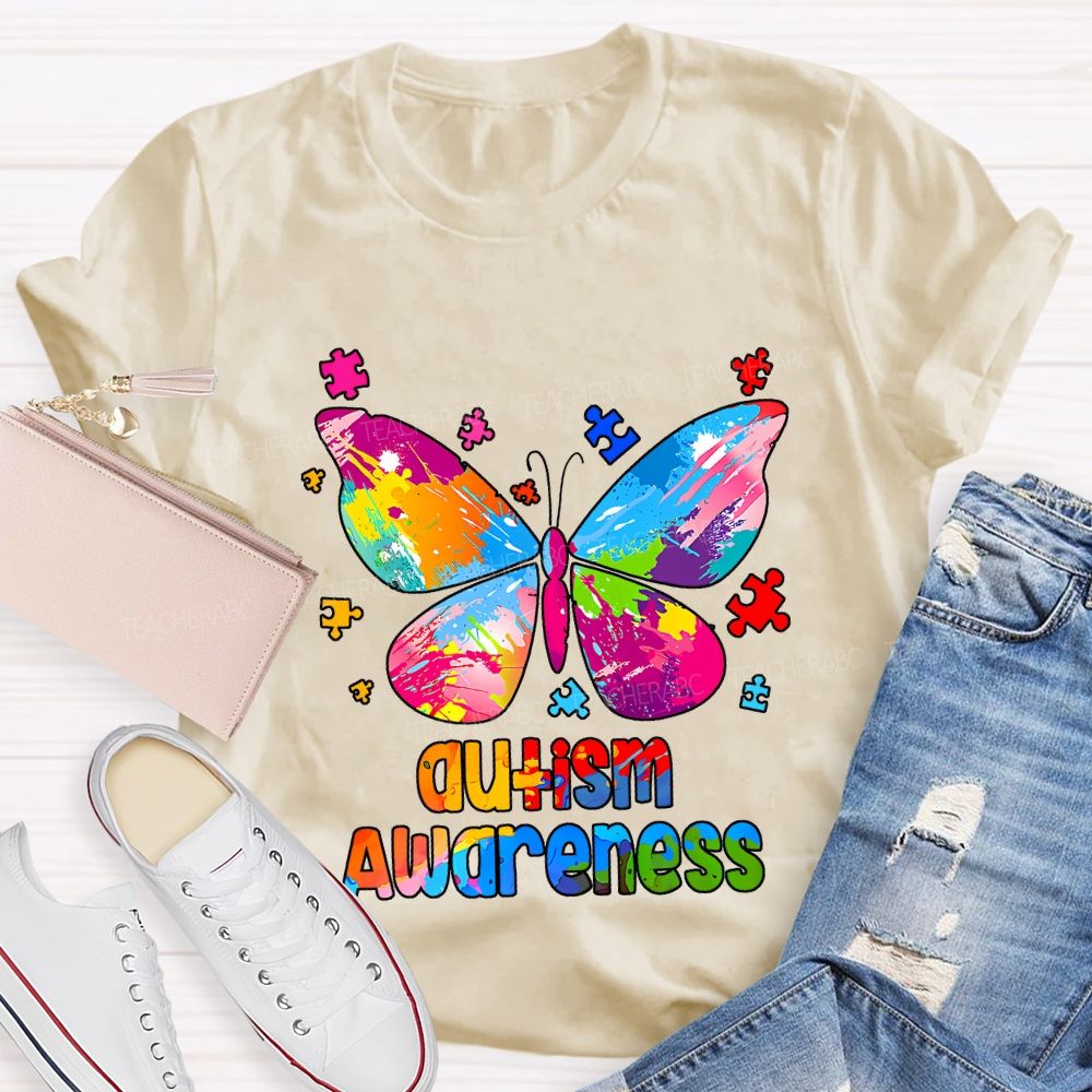 Autism Awareness Colorful Tie-Dye Butterfly Print Teacher T-shirt