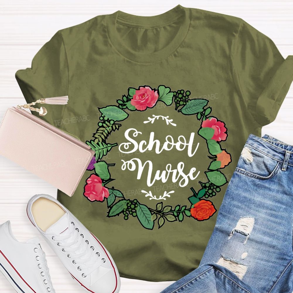 School Nurse And Floral Wreath Print T-shirt