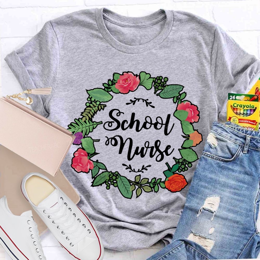 School Nurse And Floral Wreath Print T-shirt