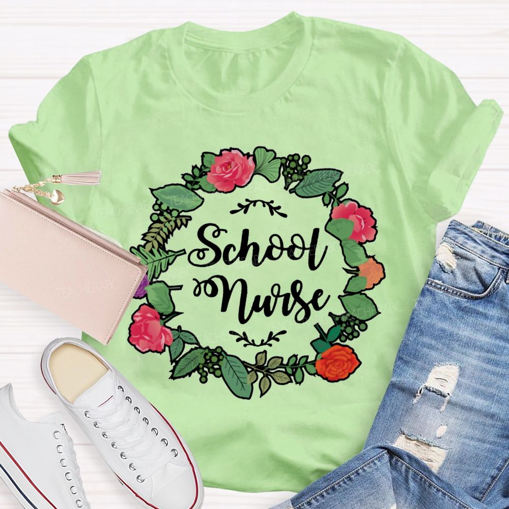 School Nurse And Floral Wreath Print T-shirt