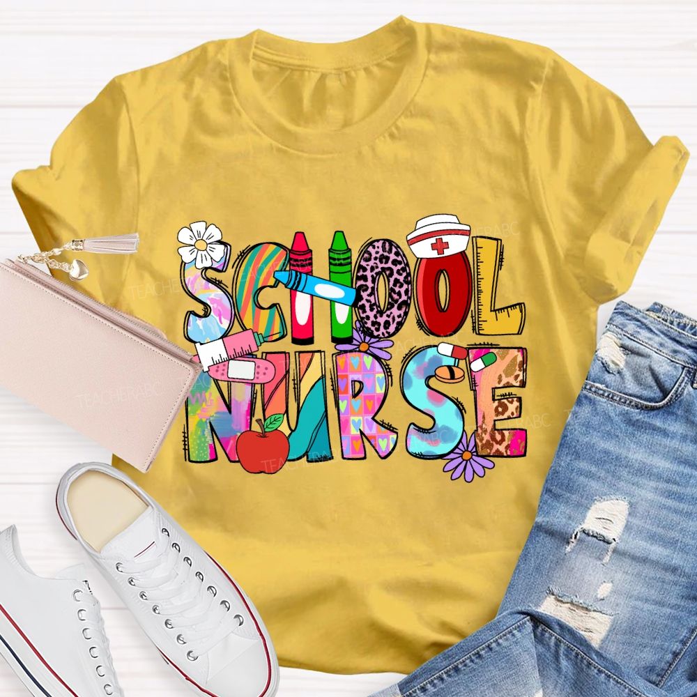 School Nurse Pink Leopard Crayon T-shirt