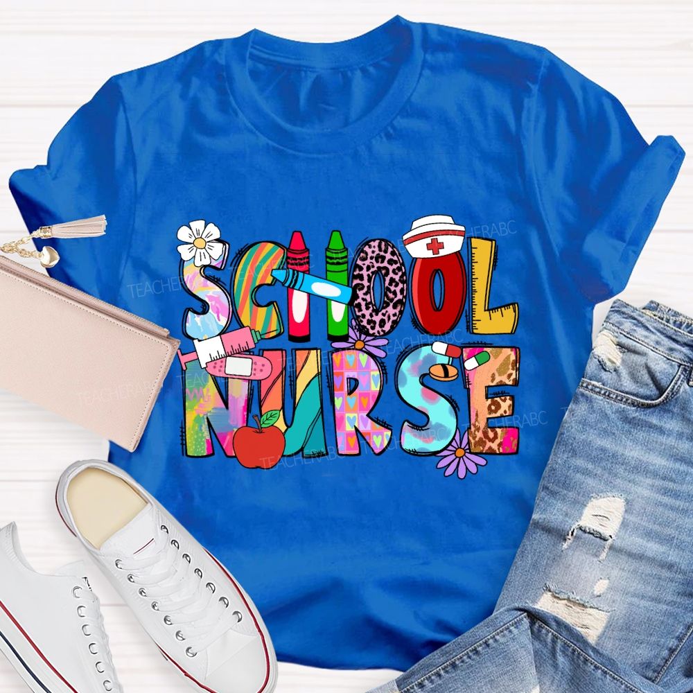 School Nurse Pink Leopard Crayon T-shirt