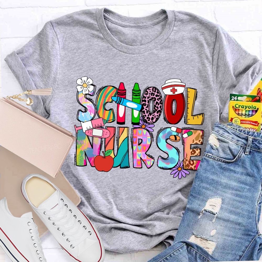 School Nurse Pink Leopard Crayon T-shirt
