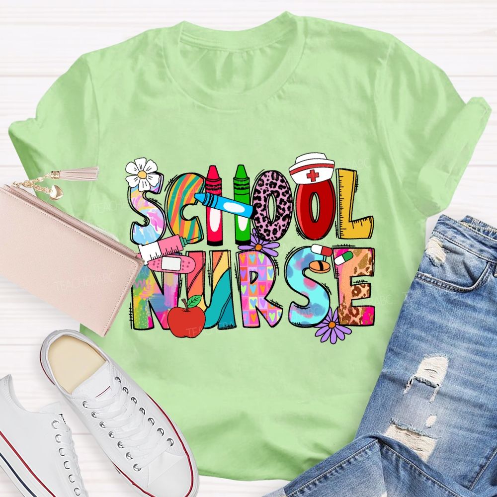 School Nurse Pink Leopard Crayon T-shirt