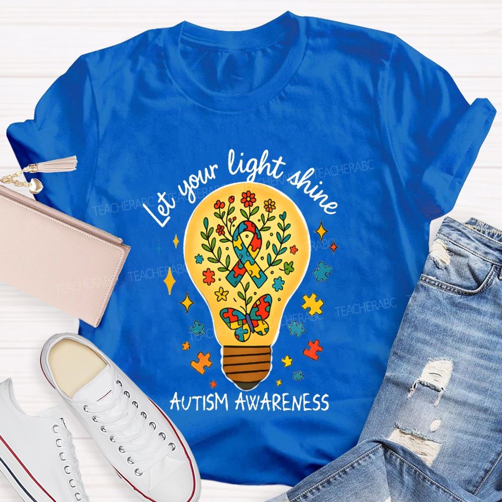 Let Your Light Shine Autism Awareness Floral Butterfly Teacher T-shirt