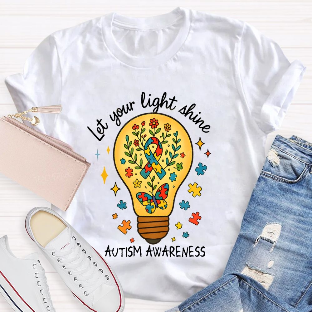 Let Your Light Shine Autism Awareness Floral Butterfly Teacher T-shirt