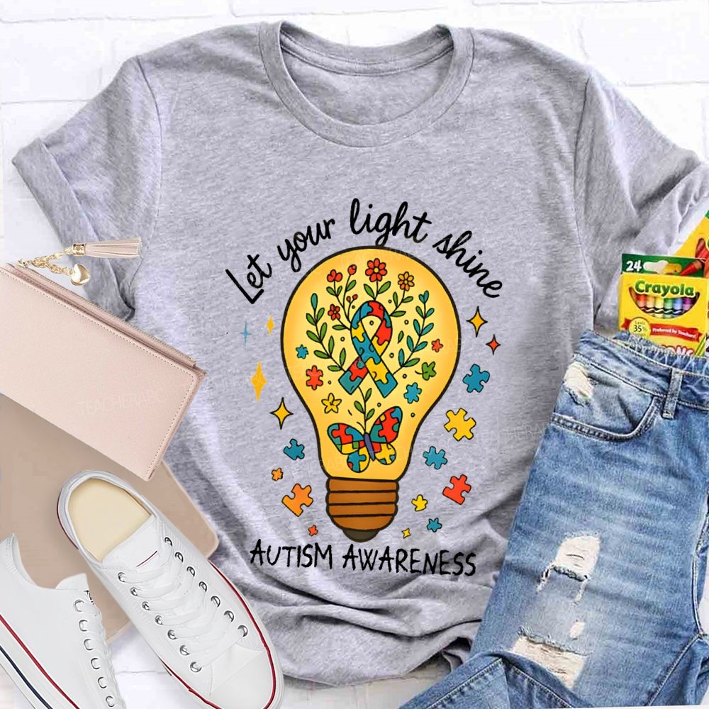 Let Your Light Shine Autism Awareness Floral Butterfly Teacher T-shirt