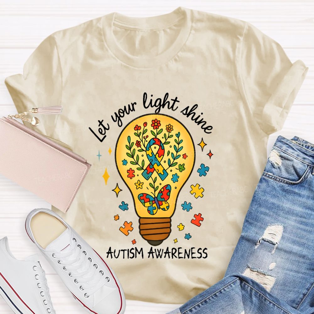 Let Your Light Shine Autism Awareness Floral Butterfly Teacher T-shirt
