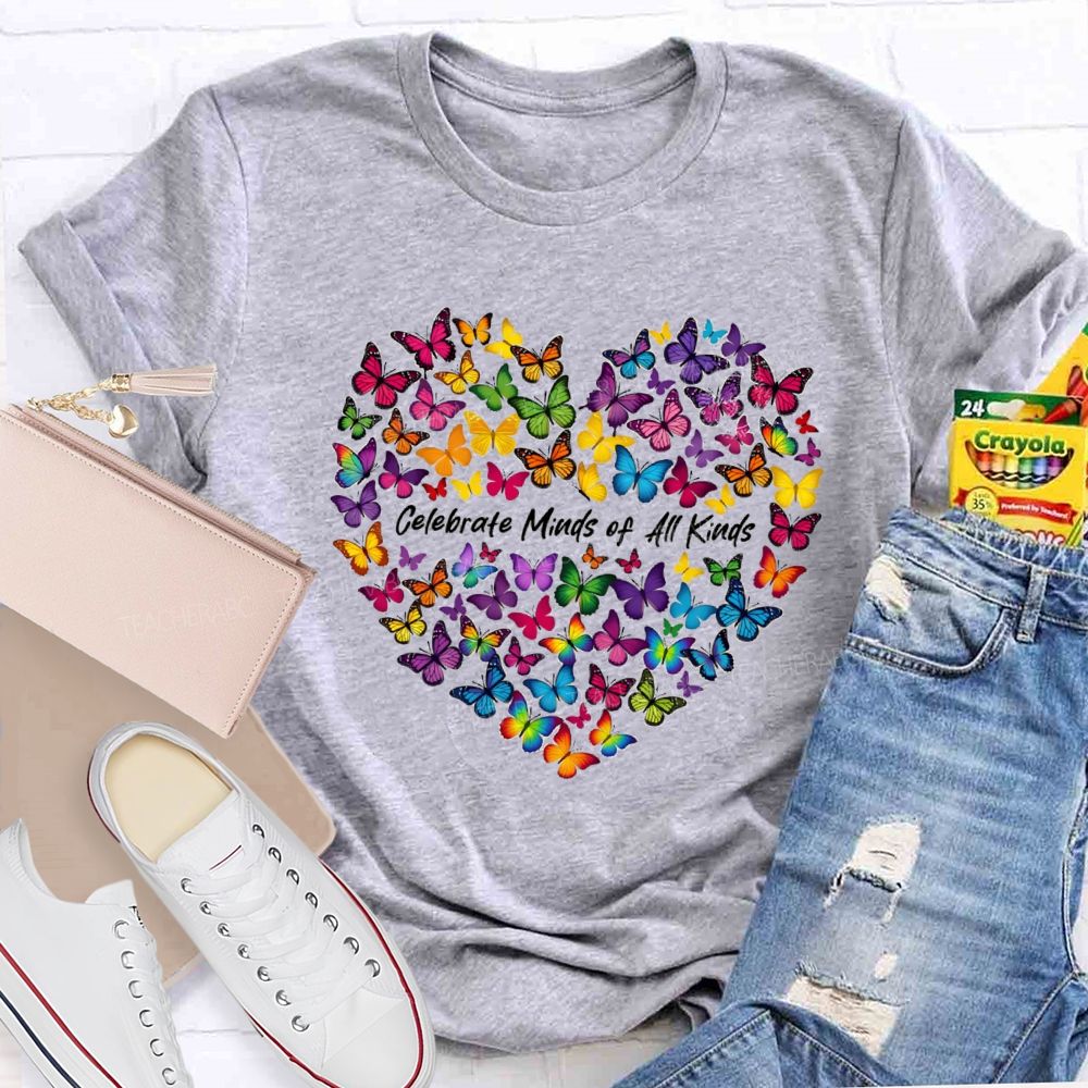 Celebrate Minds of All Kinds Butterfly Heart Teacher T-shirt