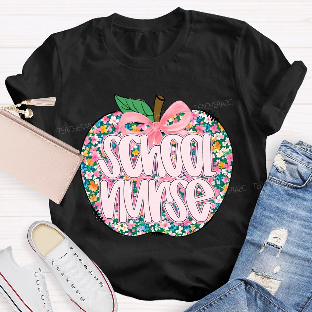 School Nurse Apple With Colorful Little Flowers T-shirt