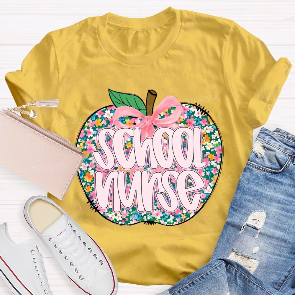 School Nurse Apple With Colorful Little Flowers T-shirt
